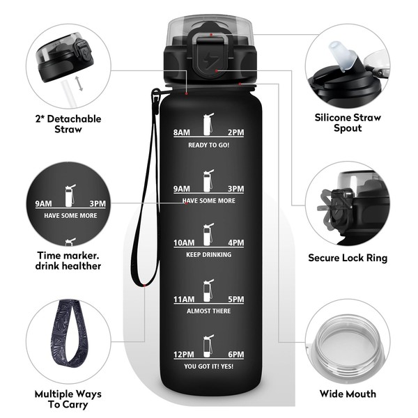 Trinkflasche 1L Bpa-Frei, Sportflasche Mit Strohhalm, Auslaufsicher,-image