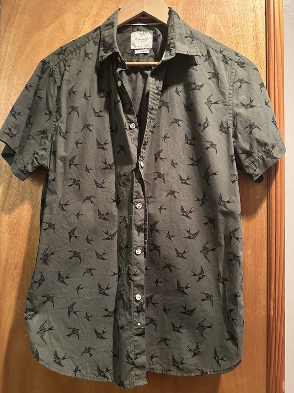 Denim & Flower Ricky Singh Men's M Green Slim Fit Bird Print SS Button-Up Shirt