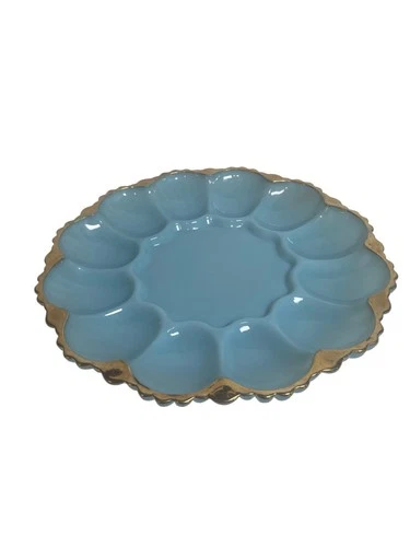 Vintage Blue Milk Glass Deviled Egg Plate With Gold Trim Scalloped Edge 12 Egg