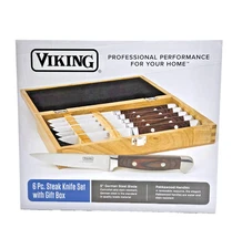 Steak Knife Set 6 Pc Viking Full Tang Black Pakkawood Handle Wooden Gift Box