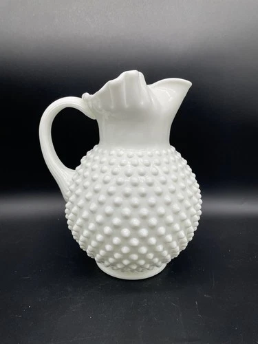Vintage Fenton Hobnail White Milk Glass Pitcher With Ruffled Ice Lip