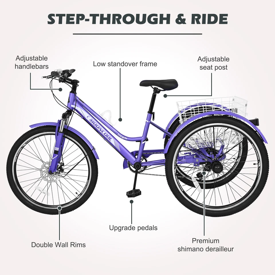 Triciclo de montaña para adultos 7 velocidades 3 ruedas 24/26"" triciclo de montaña crucero con cesta Foto 2 de 4