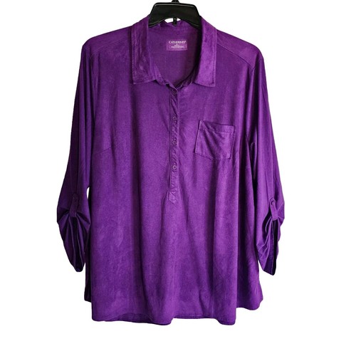 Catherines Top Women 1X Purple Microfiber Button Roll Sleeve Faux Suede 18/20W - Picture 1 of 12