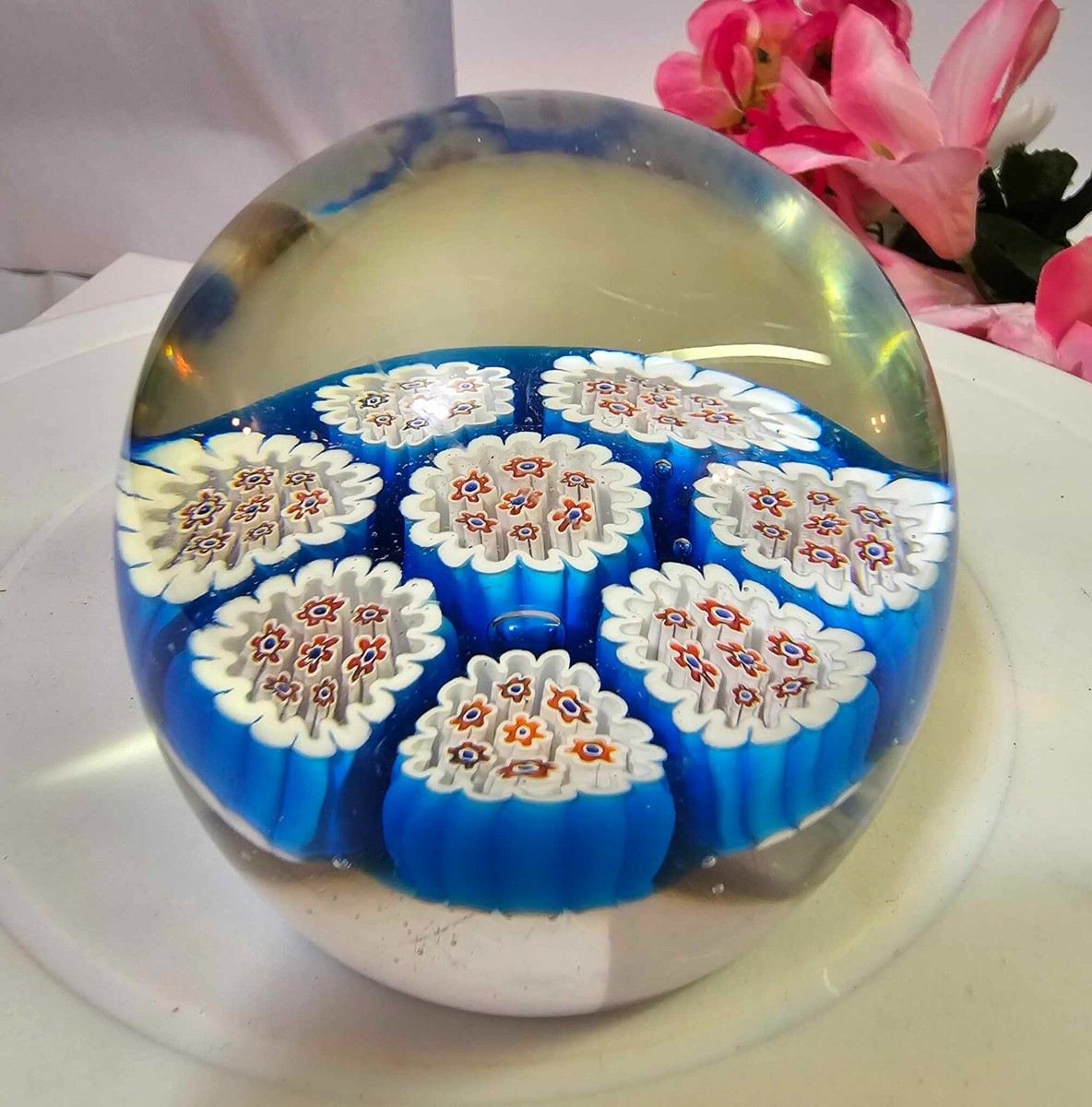 Murano Style Art Glass Millefiori Paperweight w Turquoise