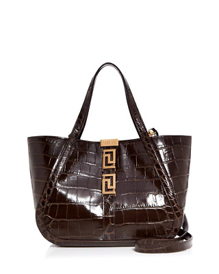 NWT Versace Croc-Effect Greca Goddess Small Tote Bag, Chocolate Retail $1,895