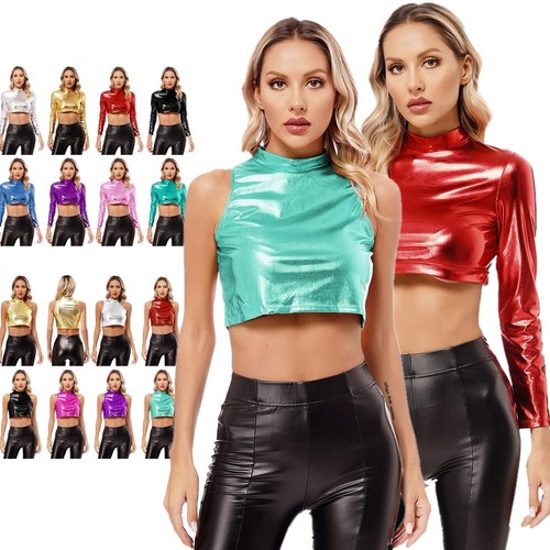 Women's Shiny Metallic Crop Top Turtleneck Disco Party T-Shirt Tops Clubwear - Picture 4 of 96