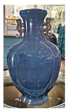 Midnight Blue Porcelain Chinoiserie "Jug" Vase. Handles. Hand Painted-14"H