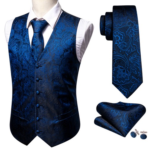 Mens Formal Casual Waistcoat Paisley Floral Suit Vest Slim Tuxedo Silk Tie Set - Picture 128 of 169
