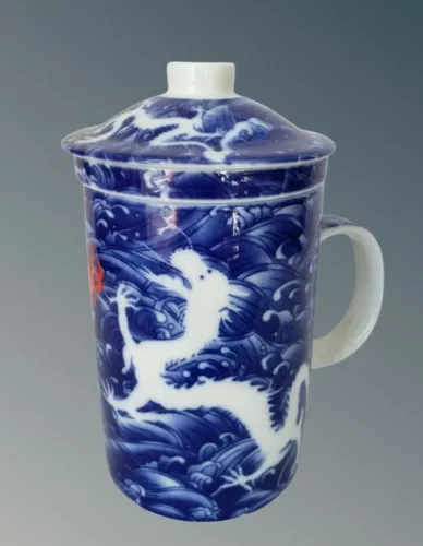 Porcelain Mug Infuser Lid Dragon Red Sea Creature In Rough Seas Tea for One Set