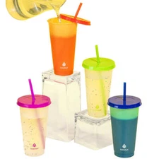 New MANNA 4 Pack Color Changing Reusable Tumblers w/ Lids & Straw Set - 24oz 