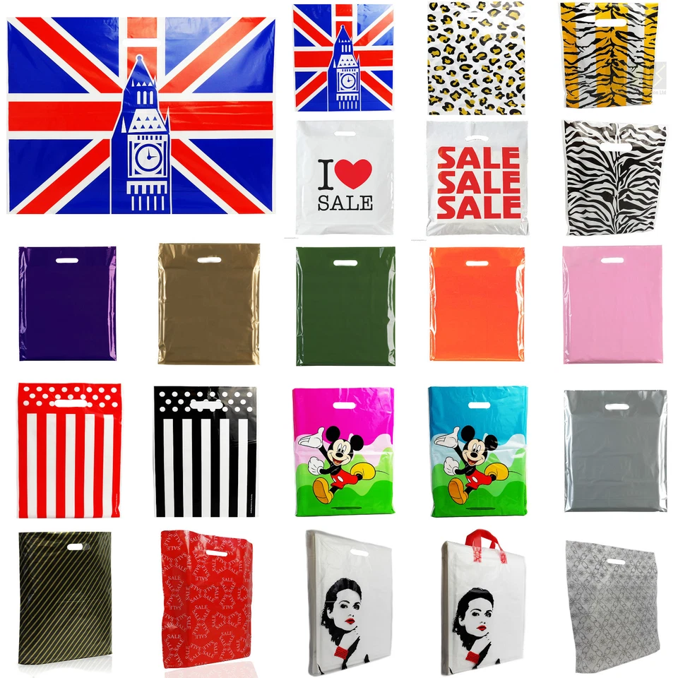 PLASTIC CARRIER BAG - Modern Printed Strong Gift shopping Bags- ALL SIZES/COLORS