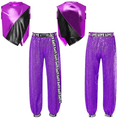 Kids Girls Outfit Metallic Set Vest Suit Hip Hop Practice Jazz Irregular Hem - Picture 36 of 59