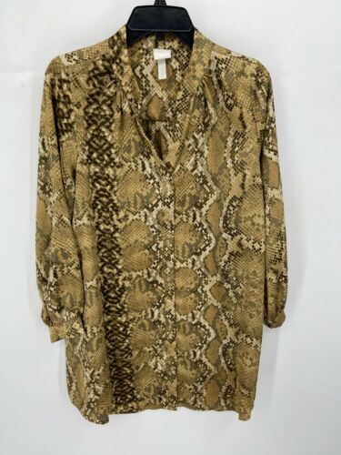H and M Shirt Dress Womens US 12P Brown Reptile Print Textured Satin Button Up