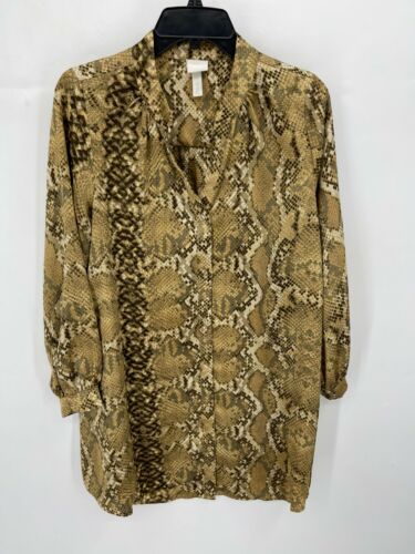 H&M Shirt Dress Womens 12P EU 42P Brown Reptile Print Textured Satin Button Up - Picture 1 of 6