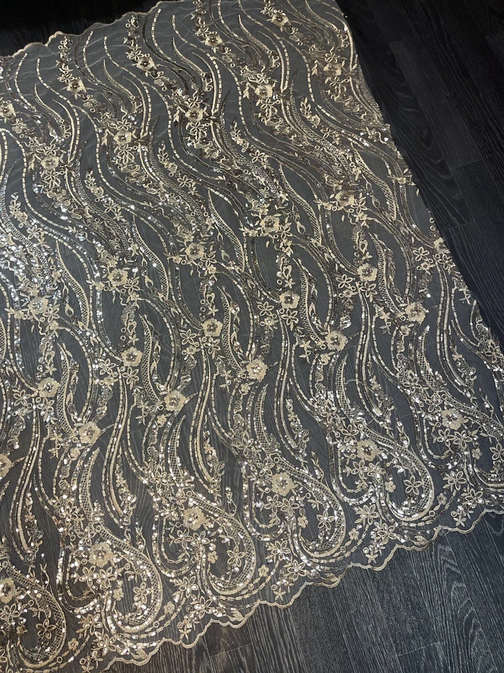 1m Gold Sequin Embroided  Double Boarded Scalloped Bridal lace Fabric 55” new - Image 2 of 4