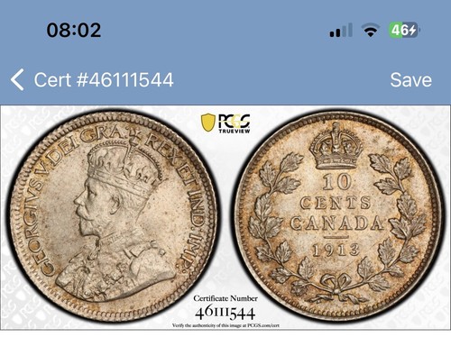 1913 Canadian 10 Cent Small Leaves - PCGS Graded MS-64 - PCGS Gold Shield - Picture 5 of 5