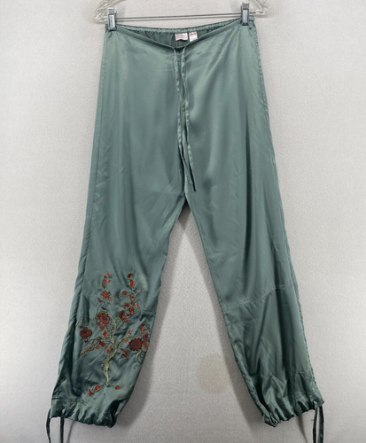 VICTORIA'S SECRET Pajama Pants XS Satin Floral Embroidered Drawstring Green