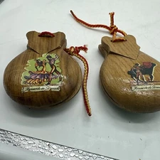 2 Sets Of Vintage Souvenir Percussion Instrument Castanets Solid Wood Granada