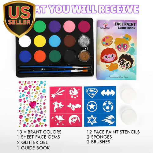 Face Paint Kit with 13 Colors, 12 Stencils, 2 Glitters, 2 Sponges, 2 Brushes,... - Picture 6 of 8
