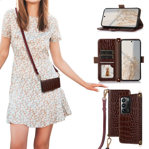 For ZTE AXON 40 Ultra Genuine Leather Flip Case Diamond Crossbody Crocodile - Picture 9 of 13
