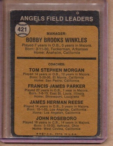 1973 TOPPS BOBBY WINKLES # 421 (EX-EX/MT) CREASE FREE - Picture 2 of 2