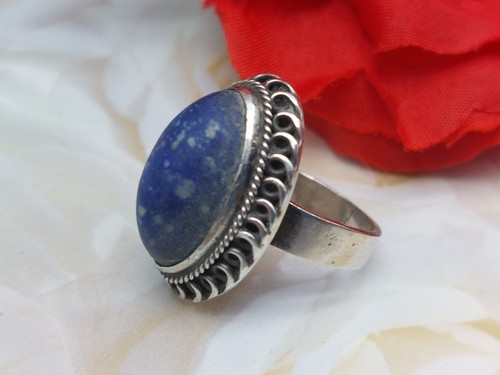 Beautiful 900 Silver Ring Matt Finish Blue/ Tan Bead Size 6.5" - Picture 5 of 5