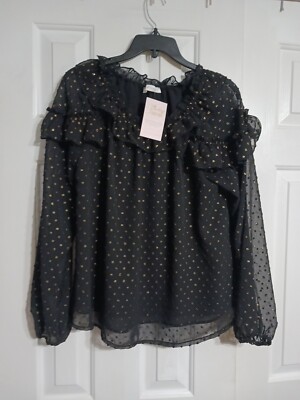 NWT Women's Ces Femme Nola Sheer Blouse With Gold Shimmer And Ruffles Size S