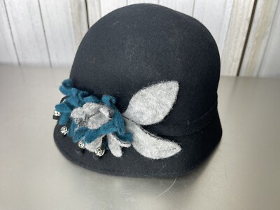Raffaello Bettini Hat 100% Wool Italy Black With Floral  display picture 1