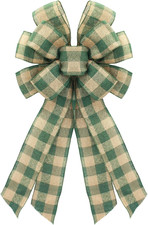 Large Green Linen Buffalo Plaid Wreath Bows, Farmhouse Burlap Bow for Wreath Rus