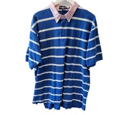 Vintage 90s Ralph Lauren Men's Striped Polo Pink Collar Button Down Blue Shirt