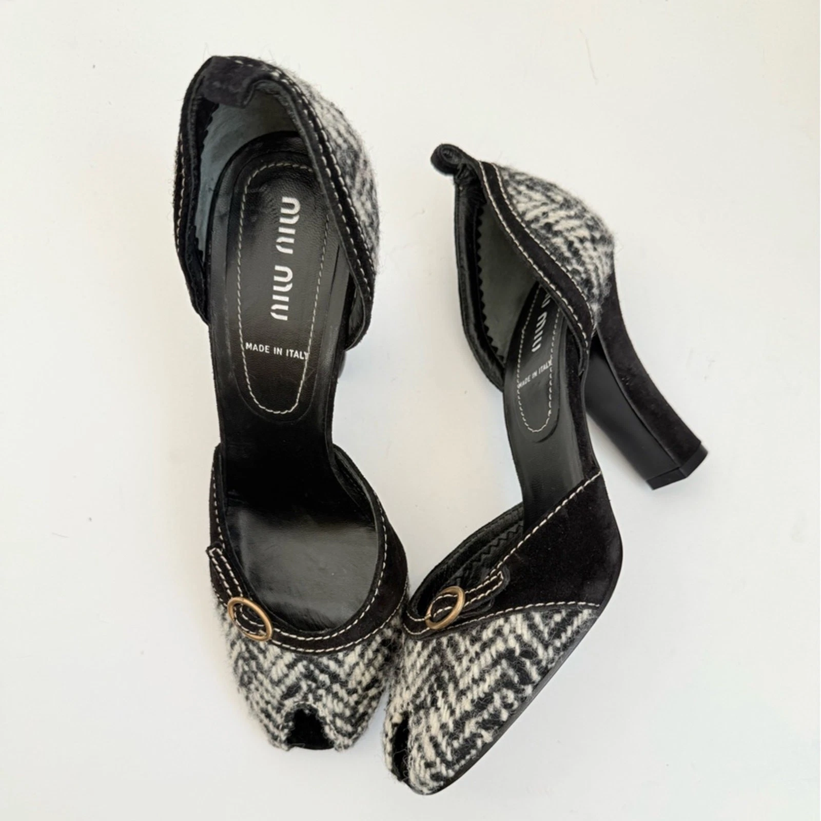 Miu Miu — Miu Miu Vintage Black Grey Tweed Peep toe Block heel D’orsay sandals EU 36