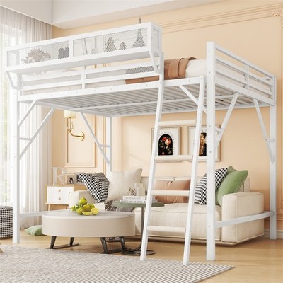 Full Size Metal High Loft Bed w/4 Step Ladder & Storage Shelves for Teens,White