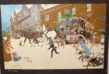 Vinatge original Robinson village cityscape chariot oil painting on canvas board