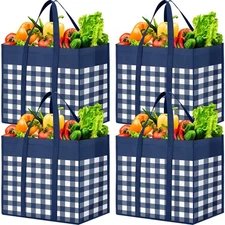 Reusable Grocery Bags, 4-Pack, Blue-White, Foldable Tote, Reinforced Handles