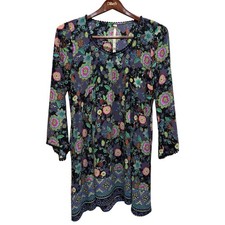 Uncle Frank Dress Women M Purple Floral Boho Bell Sleeve Pom Pom Trim