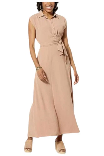 Nina Leonard Women's Textured Wave Wrap Waist Maxi Dress Praline