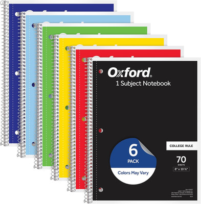 Spiral Notebook 6 Pack, 1 Subject, College Ruled Paper, 8 X 10-1/2 Inch, Color A