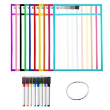 10 Pcs Color Dry Erase Pockets with 8 Pcs Color Dry Erase Markers 10 x 14 Inc...