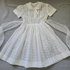Vintage Girls Sheer White Dress Embroidered Organza Waist 21 in