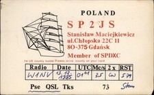 QSL radio card SP2JS 1985 Gdansk Poland Stanislaw Maciejiewicz Sailing Ship
