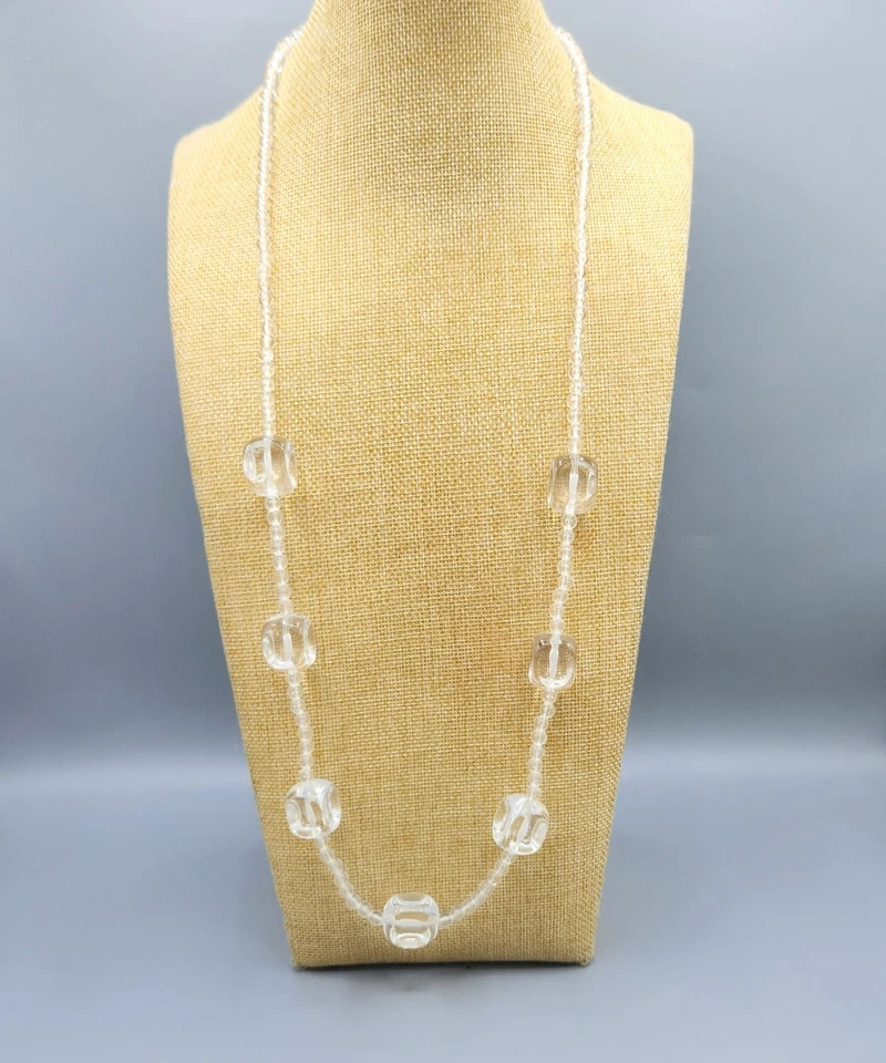 Vintage Clear Lucite Ice Cube Square Dimpled Round Bead Necklace 34" - Image 3 of 4