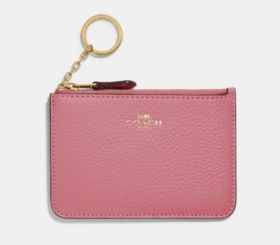 NWT Coach Key Pouch Zip Card Case In Gold/True Pink Pebble Leather