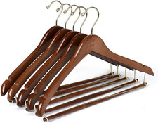10 Wooden Suit Coat Hangers Curved Walnut Finish Gold Hook No-Slip Pants Bar