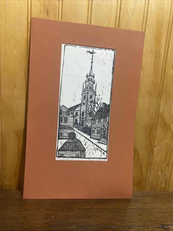 Vintage Woodcut By Isle Nesbit NEWPORT R.I. TRINITY CHURCH signed