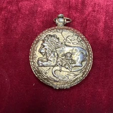 Vintage Max Factor Gold Tone Pocket Watch Style Powder Compact Puff Lion Lamb