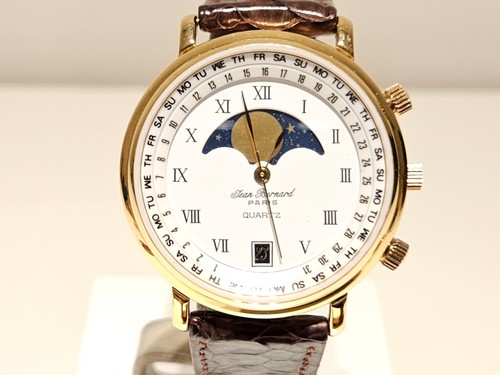 VINTAGE GOLD PLATED CALENDAR MOON PHASE FRANCE MEN'S QUARTZ WATCH "JEAN BERNARD" - Picture 3 of 14