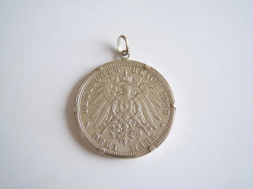 Old 835 Pendant with 3 Mark Silver Coin German Empire 1913 E/18.3 G