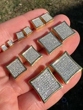 Square Kite Earrings Iced CZ Hip Hop Mens Ladies 4mm-18mm 14k Gold Plated