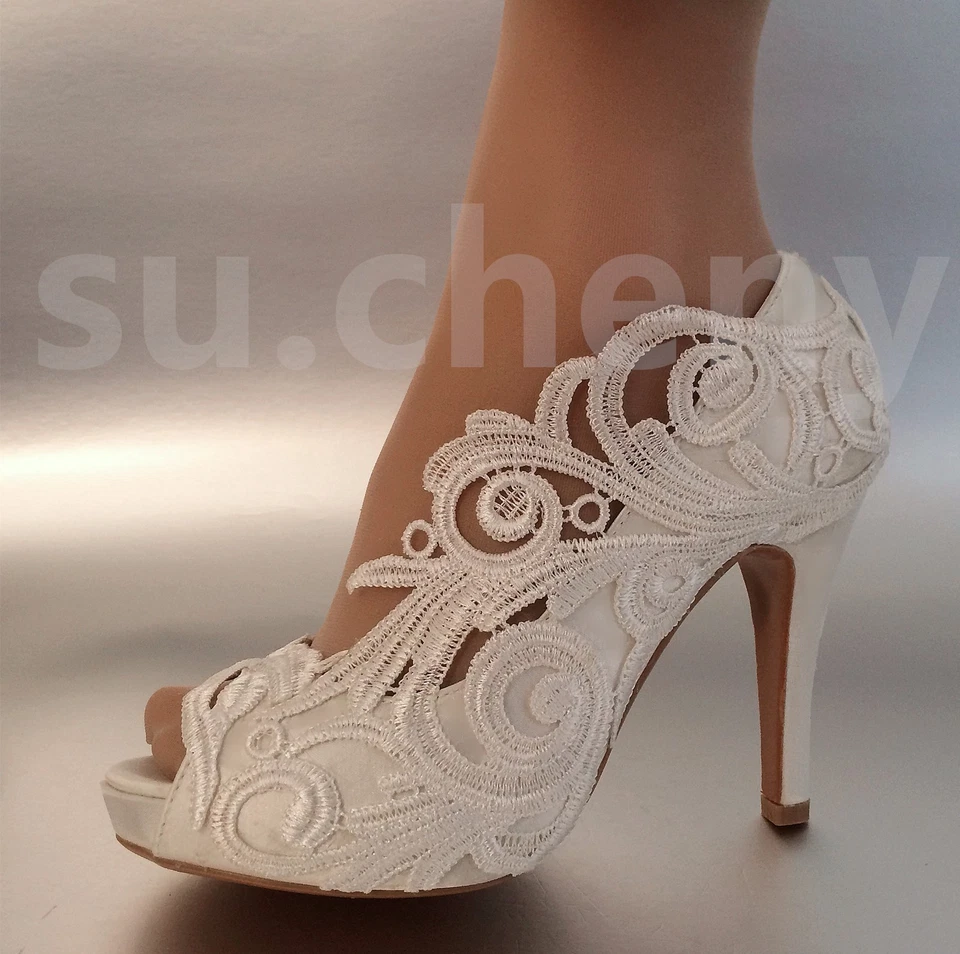 su.cheny 8/10 cm Tacón Perla Blanco Marfil Seda Encaje Puntera Abierta Boda Novia Zapatos Foto 2 de 4