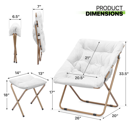 2-Piece Saucer Chair White Soft Faux Fur Oversized Seat w/Folding Footrest Stool - Picture 3 of 12